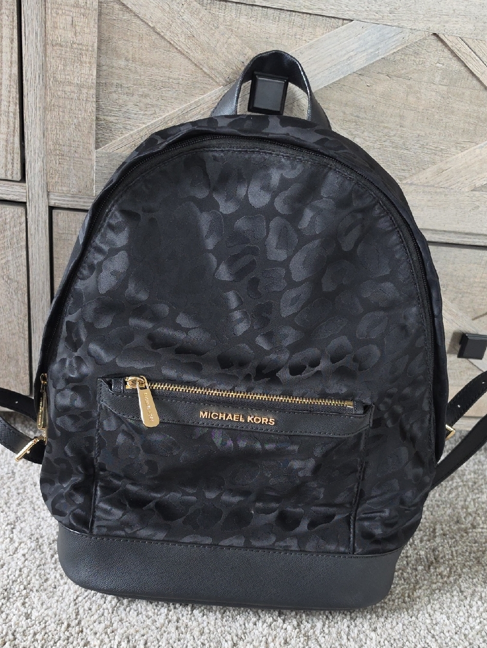 Michael Kors Black Leopard Jacquard Backpack with Gold Hardware